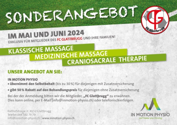 Exklusives Angebot für Mitglieder des FC Glattbrugg – Entspannen und regenerieren mit „In Motion Physio“